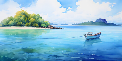 Naklejka na ściany i meble Watercolor illustration of sailboat floating on blue ocean near tropical island with palm trees