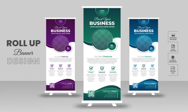 Creative roll up stand retractable banner for business events, marketing presentations, pull up banners for x stands with print ready design template.