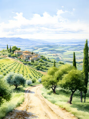 Fototapeta na wymiar Watercolor illustration landscape view of Italian Tuscany countryside panorama with olive trees, old farmhouses