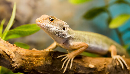 Lizard siting on the branch	in forest.
