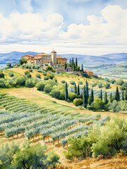 Watercolor illustration landscape view of Italian Tuscany countryside panorama with olive trees, old farmhouses