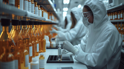 Team of Research Scientists in Sterile Suits Working with Industrial Machinery in the Laboratory - obrazy, fototapety, plakaty