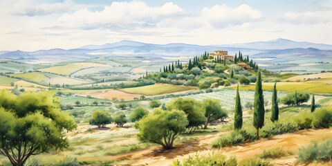 Watercolor illustration landscape view of Italian Tuscany countryside panorama with olive trees, old farmhouses - obrazy, fototapety, plakaty