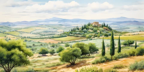 Rolgordijnen Watercolor illustration landscape view of Italian Tuscany countryside panorama with olive trees, old farmhouses © TatjanaMeininger