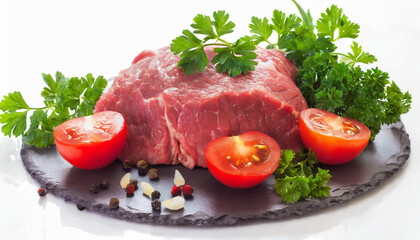 Raw beef with tomatoes and parsley on a white background. 
