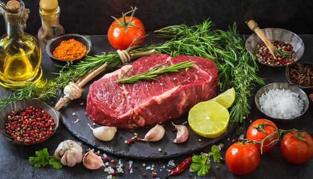 Raw beef and fresh ingredients for bbq steak cooking on dark background