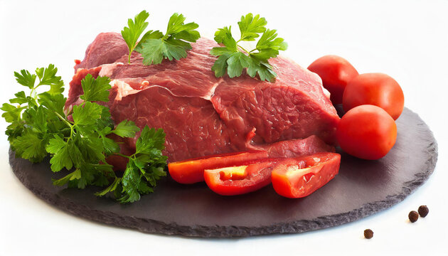 Raw beef with tomatoes and parsley isolated over white background. 