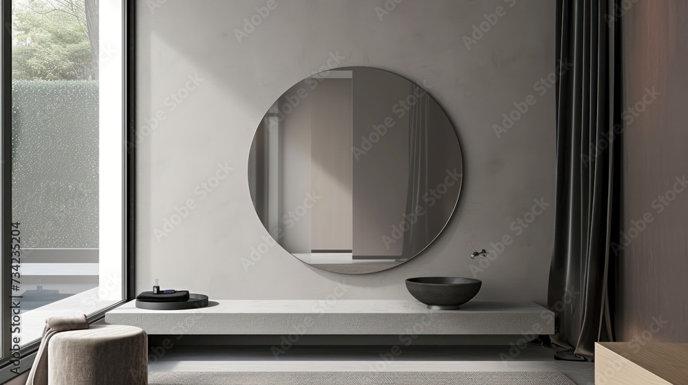 Poster a round mirror sitting on top of a white counter next to a vase and a stool in front of a sliding gl