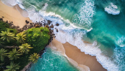 Sea beach and wave from aerial view of beautiful seashore.