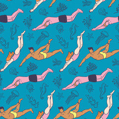 Pattern with human bodies diving in sea water. Active lifestyle concept. Flat hand drawn male and female silhouettes with sea creatures. Trendy print design for textile, wallpaper, wrapping
