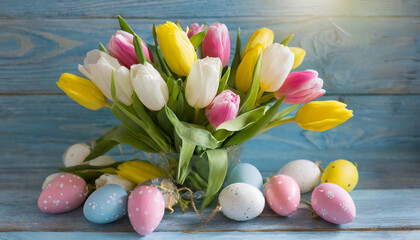Obraz na płótnie Canvas Spring bouquet of yellow pink and white tulips on a blue wooden background with easter eggs.