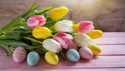 Fototapeta na wymiar Spring bouquet of yellow pink and white tulips on a pink wooden background with easter eggs.