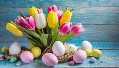 Spring bouquet of yellow pink and white tulips on a blue wooden pastel background with easter eggs.