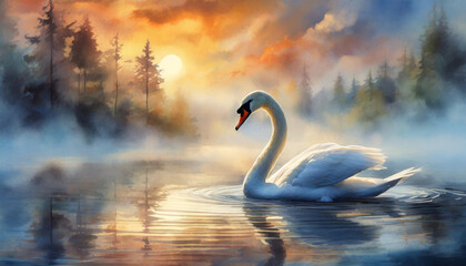 Swans by sunrise and morning fog on the lake.