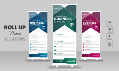 Creative roll up stand retractable banner for business events, marketing presentations, pull up banners for x stands with print ready design template.