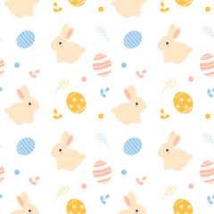 Seamless pattern with rabbits and Easter eggs on white background. Bunny pattern in beige color. Vector illustration in flat style. 