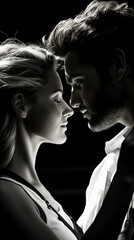 Man and woman face to face. Tenderness and love. Lovers and happy. Black and white.