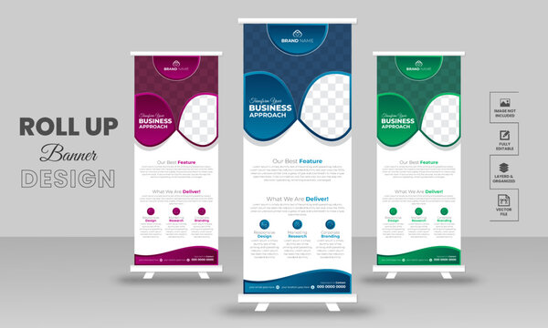 Creative roll up stand retractable banner for business events, marketing presentations, pull up banners for x stands with print ready design template.