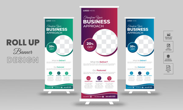 Creative roll up stand retractable banner for business events, marketing presentations, pull up banners for x stands with print ready design template.