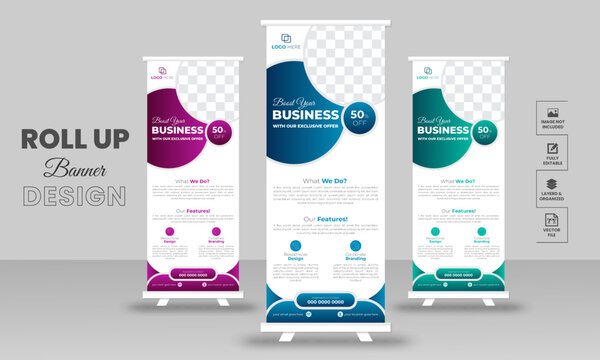 Creative roll up stand retractable banner for business events, marketing presentations, pull up banners for x stands with print ready design template.