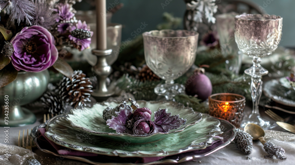 Poster a close up of a plate on a table with a candle and a christmas tree in the background with purple fl
