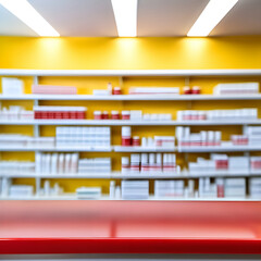 Red counter with blurred pharmacy background. Table in the foreground for displaying products.