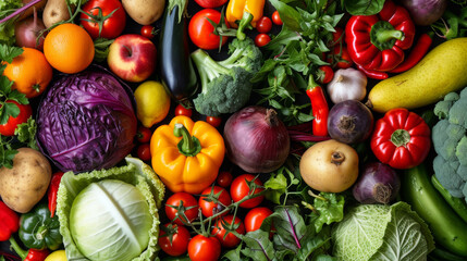 A vibrant, colorful assortment of fresh vegetables including tomatoes, carrots, bell peppers, and leafy greens, representing a healthy and nutritious selection of produce.