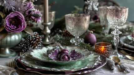 Fototapeta na wymiar a close up of a plate on a table with a candle and a christmas tree in the background with purple flowers and pine cones in the center of the table.