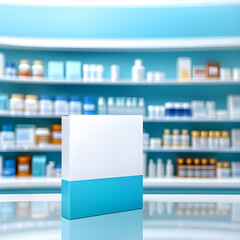 Counter with Product. Blurred pharmacy background. Table in the foreground for product display.