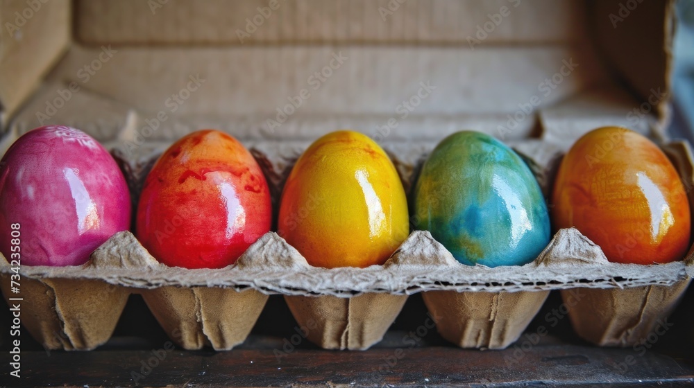 Poster a row of eggs in a carton with different colored eggs in the carton on the side of the carton on the