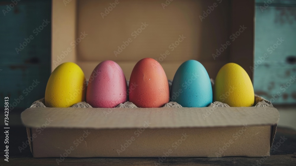 Poster a cardboard box filled with colored eggs on top of a wooden table next to an open box with a door in