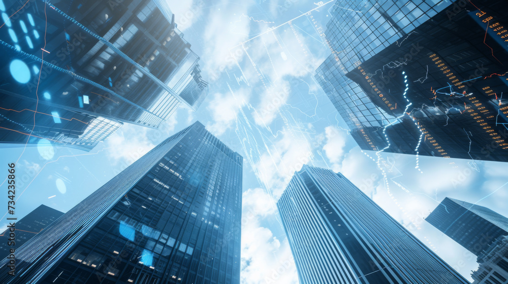 Aufkleber skyscrapers with superimposed graphs and numerical data, illustrating a concept of the business dist