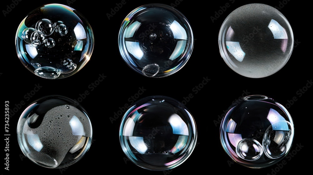 Poster a group of soap bubbles sitting next to each other on top of a black surface with different shapes a