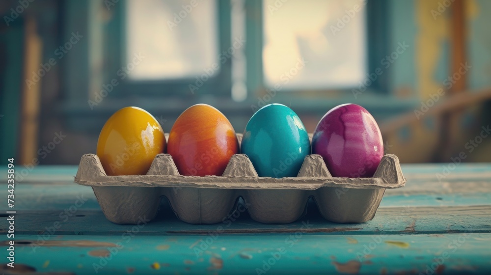 Poster a carton filled with colorful eggs sitting on top of a wooden table next to an open window with a bl