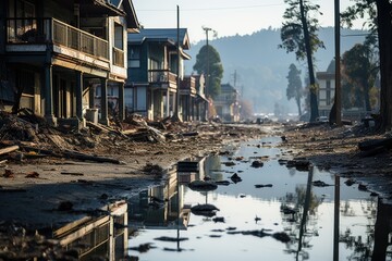 Fototapeta na wymiar Coastal after tsunami wreckage and flood., generative IA