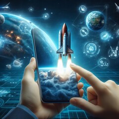 Naklejka premium Imaginative depiction of a smartphone projecting a space rocket launch, with digital network icons and celestial bodies in the background. 