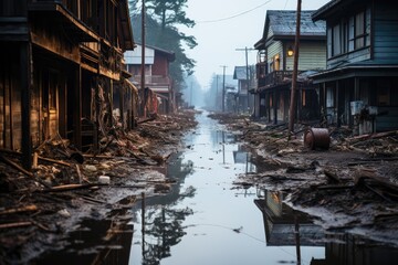 Coastal after tsunami wreckage and flood., generative IA