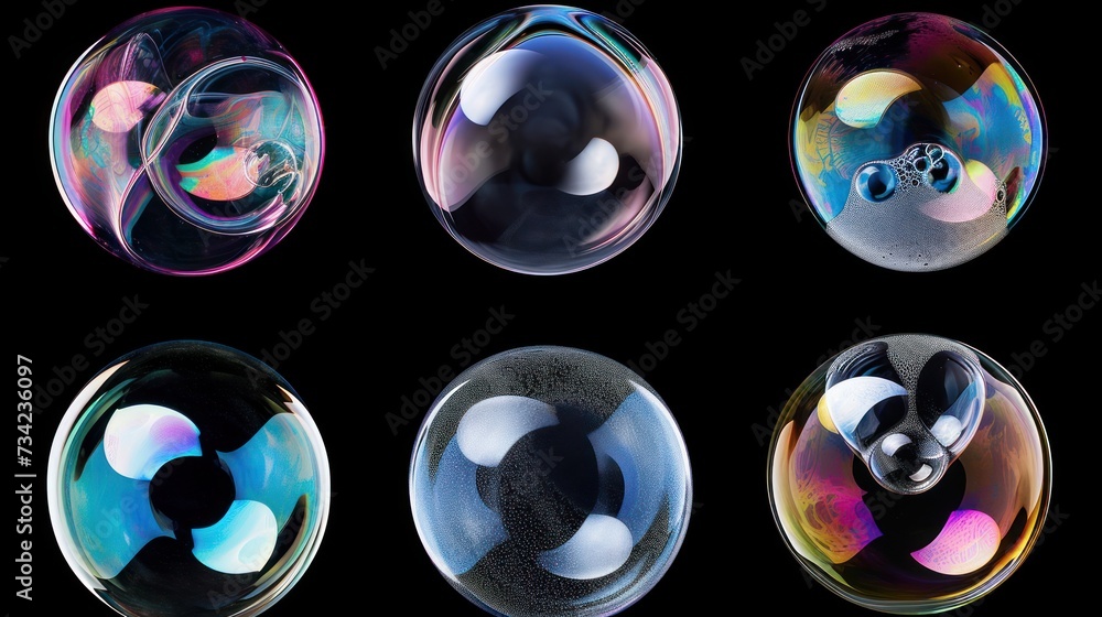 Poster a group of soap bubbles sitting on top of a black counter top with different colors of soap bubbles 
