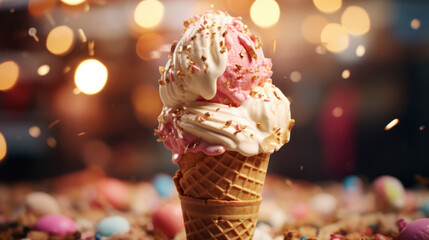 White-pink ice cream cone on a blurred background with glares, generative AI