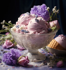 A glass vase with ice cream and flowers is placed on the table, generative AI