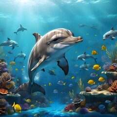 Dolphin swimming in calm and transparent waters. AI generated image.