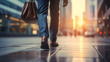 Businessman walking in the city at sunset. Concept of success.