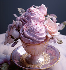 Ice cream decorated with rosebuds is placed on the table in a glass vase, generative AI