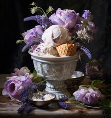 A glass vase with ice cream and flowers stands on the table where flowers are lying, generative AI
