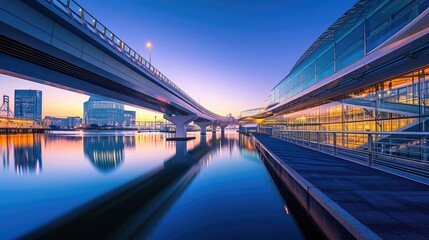 Panoramic twilight view over a sleek modern bridge with city architecture reflections. Resplendent.