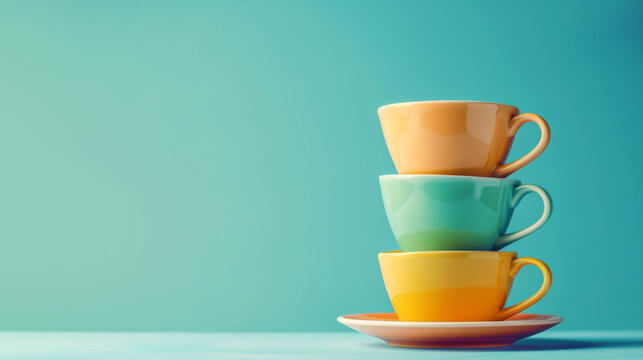 a stack of four colorful cups with saucers in pastel shades of yellow, orange, green, and turquoise, arranged in a vertical line against a light blue background.
