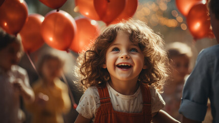 Laughing girl at a children's party plays with balloons, generative AI