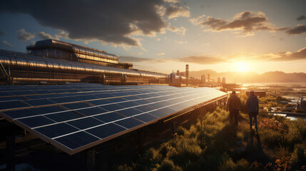 Solar panels in the field at sunset, generative AI