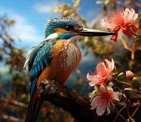 A brightly colored tropical bird with a long beak sits on a branch surrounded by pink flowers, generative AI