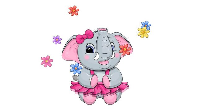 Сute elephant girl spreads flowers from her trunk. Fun cartoon looped animation Transparent background.